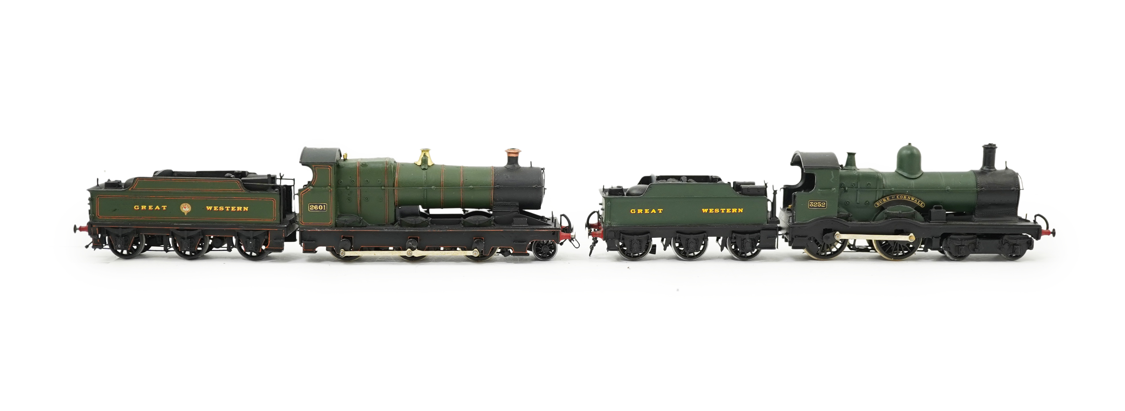 Two 00 gauge brass and white metal kit built Dean designed GWR tender locomotives; an Aberdare class 2-6-0, 2601, together with a Duke class 4-4-0, 3252, constructed, painted and lined to a high standard, both motored fo